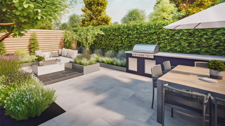 Green modern patio garden and backyard with BBQ, generative ai illustrationの素材