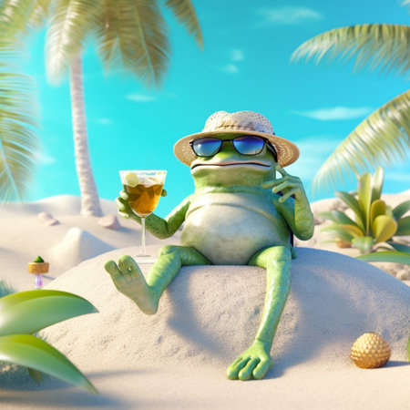 a frog tourist relaxing  at beach vacation at a tropical resort,  funny holiday concept, AI generativeの素材
