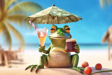 a baby frog tourist relaxing  at beach vacation at a tropical resort,  funny holiday concept, AI generativeの素材