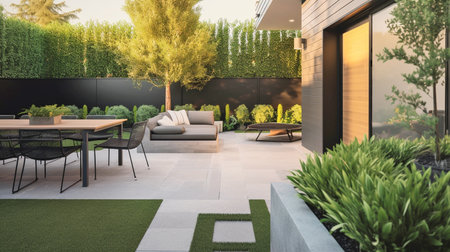 Green modern patio garden and backyard with seating place and table, generative ai illustrationの素材