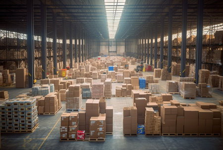 Rows of shelves with boxes in big modern warehouse, Generative AI illustrationの素材