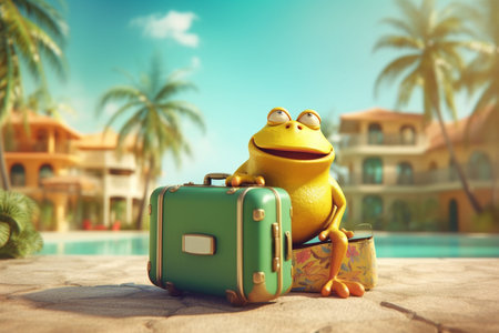 a frog tourist with suitcase relaxing  at beach vacation at a tropical resort,  funny holiday concept, AI generativeの素材