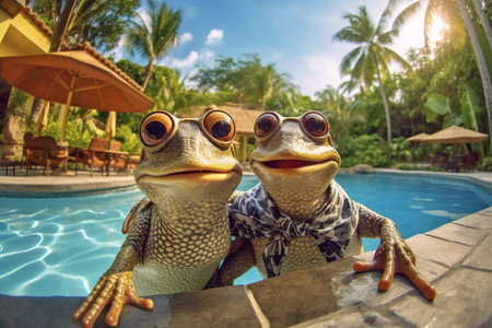 a couple of frogs tourist relaxing  vacation at a tropical resort and taking a selfie shot,  funny holiday concept, AI generativeの素材