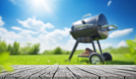 summer time in backyard garden with grill BBQ, wooden table, blurred backgroundの写真素材