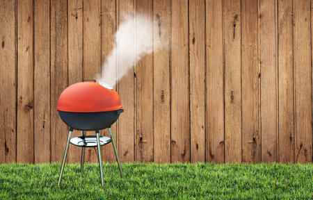 summer time in backyard garden with grill BBQ, wooden fence background, 3D illustrationの写真素材
