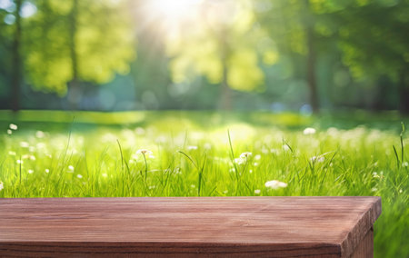 wooden table and blurred natural background grass and flowersの写真素材