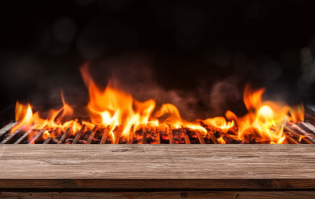 barbecue BBQ grill with flaming fire and ember charcoal on black background, wooden tableの写真素材