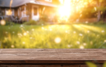 a wooden table space with home backyard, blurred background for advertising templateの写真素材