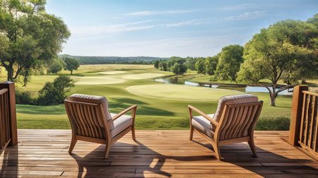 wooden veranda at a resort with two armchairs and tranquil sunrise view over the golf courseの素材