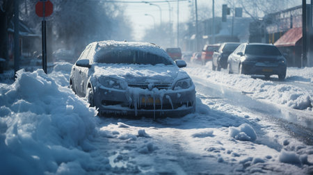 hazardous road conditions due to Icy snow Winter Weather, cars after snowstorm on a winterの素材