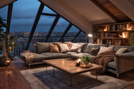 cozy modern penthouse with large window and sofa, view at night cityの素材