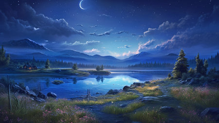 night landscape with full moon and small cabin by the lake in mountainsの素材
