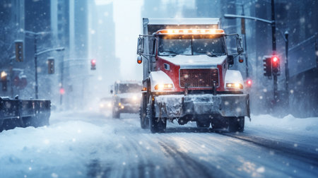 heavy snowstorm, emergency vehicles were dispatched to clear the city streets of snowの素材