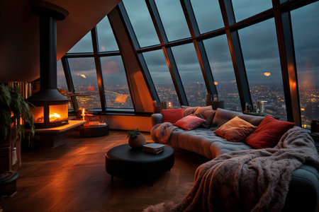cozy modern penthouse with large window and fireplace, view at night cityの素材