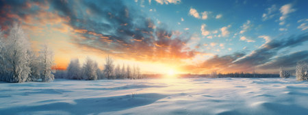 Scenic winter landscape panorama with snow and a sunsetの素材