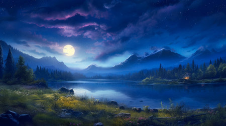 night landscape with full moon and small cabin by the lake in mountainsの素材