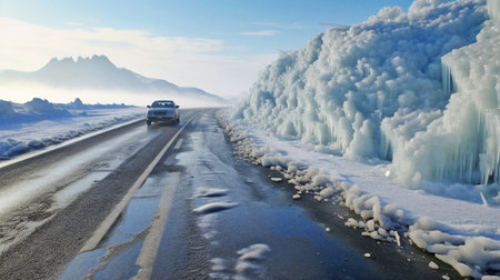 hazardous road conditions due to Icy snow Winter Weather, car after snowstorm on a winterの素材