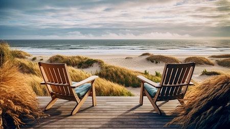 wooden veranda with two armchairs and tranquil sunrise view over sand dunes and seaの素材