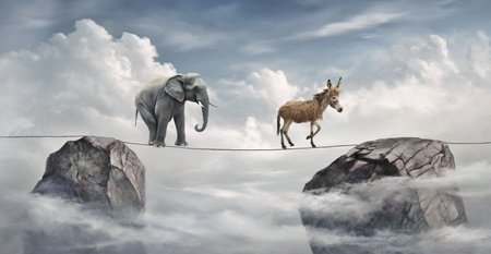 elephant and donkey walking on rope, concept of Bravery vs. Cowardiceの素材