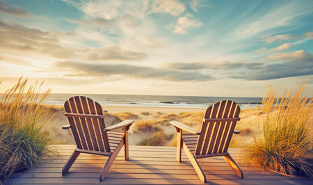 wooden veranda with two armchairs and tranquil sunrise view over sand dunes and seaの素材