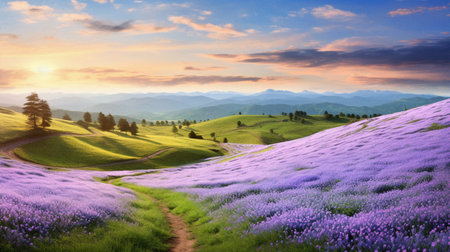 breathtaking landscape of the Alps mountains at spring, purple flowers at sunsetの素材