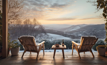 wooden patio with two armchairs and  picturesque rural landscape at sunset , relax outdoor in winterの素材