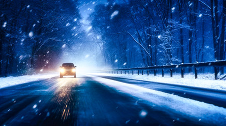 a car navigates a snowy, hazardous road through a dark winter forest at night, snowstorm and slippery roadの素材