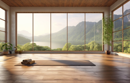 yoga retreat studio interior with with beautiful nature landscape view in backgroundの素材