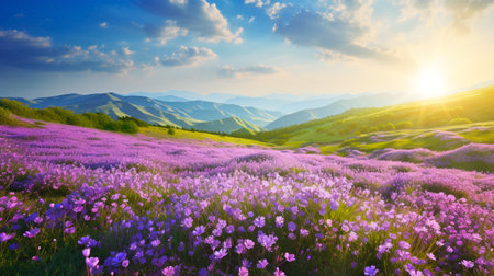 breathtaking landscape of the Alps mountains at spring, purple flowers at sunsetの素材
