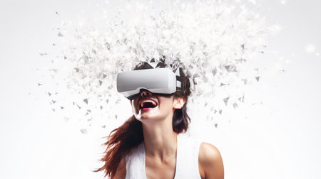 woman wearing virtual digital headset, concept of Metaverse VR virtual reality game playingの素材