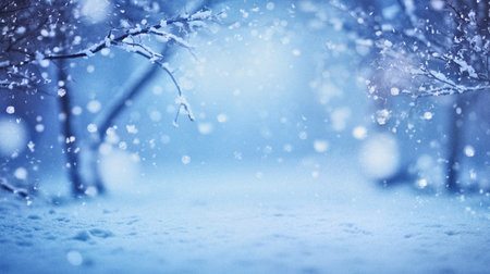 snowy Christmas  background with blur effect, sprinkled with falling snowflakesの素材