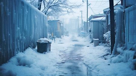 Winter alley under a blanket of snow, winter melancholy and seasonal sorrowの素材