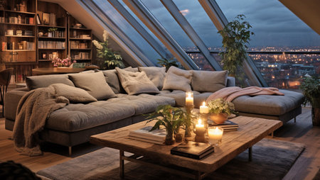 cozy modern penthouse with large window and sofa, view at night cityの素材