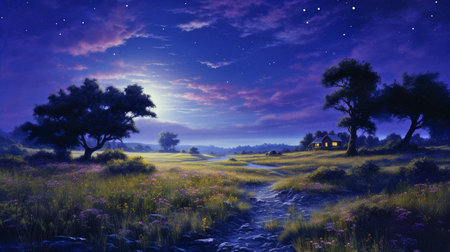 night landscape with full moon and small cabin in forestの素材