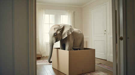 elefant in small room, concept of cramped condition with space constraints, lack of space in living roomの素材