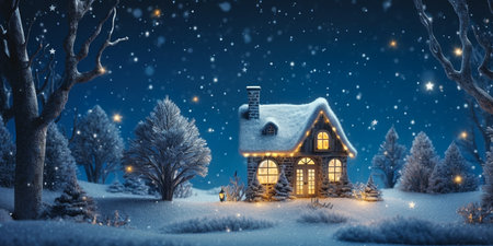 A small fairy tale cottage in a winter snow covered forest, Christmas background with Miniature paper houseの素材