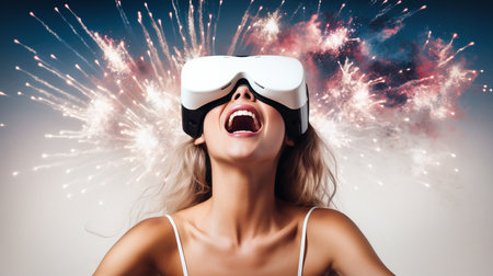 woman wearing virtual digital headset, concept of Metaverse VR virtual reality game playingの素材