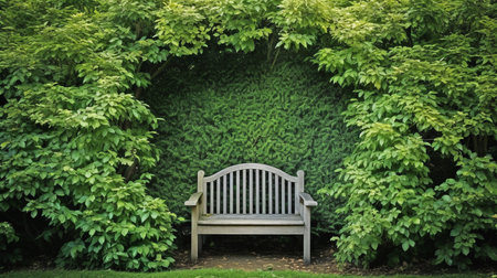 hidden nook in the garden, tree arch and wooden garden bench on a grass lawn, beech hedge in parkの素材