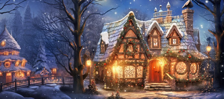 A small fairy tale cottage in a winter snow covered forest, Christmas background with woodland house made by gnomes and trollsの素材