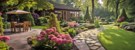 English garden with naturalistic design yard, green lawn with flowers and gazebo, summer retreat houseの素材