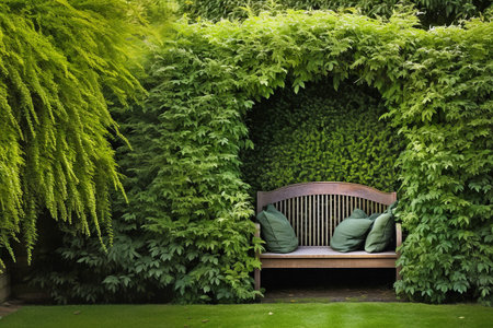 hidden nook in the garden, tree arch and wooden garden bench on a grass lawn, beech hedge in parkの素材