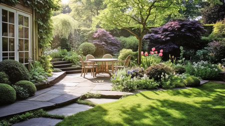 UK garden with naturalistic design yard, green lawn with flowers,  summer retreat houseの素材