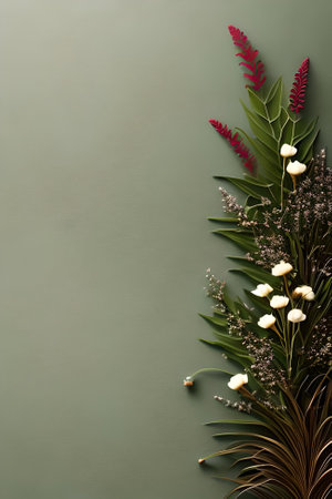 Flowers composition on green background. Flat lay, top view, copy space. For Invitation Card Backgroundの写真素材