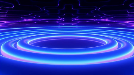 Abstract blue background with neon lines and circle. 3D rendering of a futuristic, techno-inspired scene.の写真素材