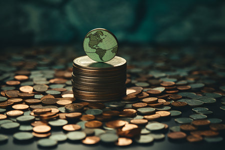 Stack of coins with green earth globe on dark background. Save money concept.