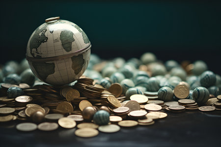 Globe and coins on dark background. Global business and finance concept.