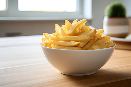 French fries in a white bowl on a wooden table. Selective focus.