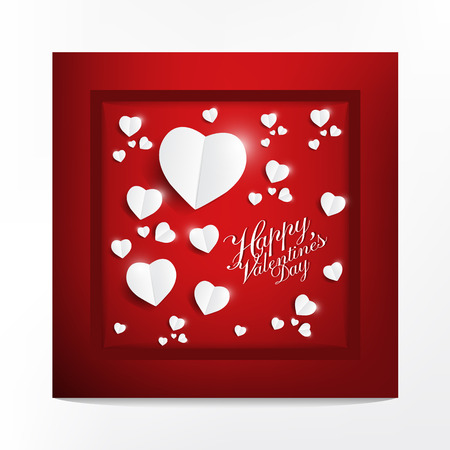 Modern greeting card with happy valentines day typography design, light white heart paper cut style on red background, poster and wedding card concept vector illustration.のイラスト素材
