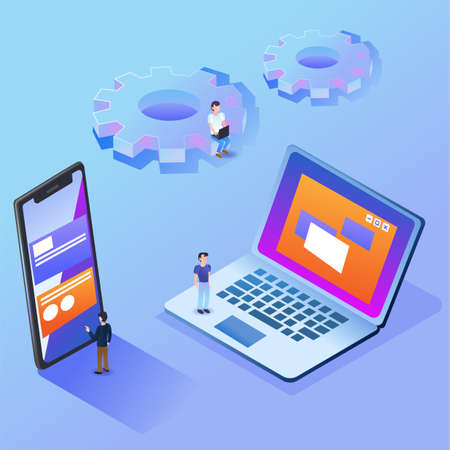 Isometric concept People with Developing programming. Vector illustration