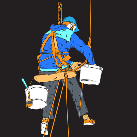 Vector colorful realistic illustration of decorator in working process made in hand drawn style isolated. Template for business card poster banner placard label print for t-shirtのイラスト素材